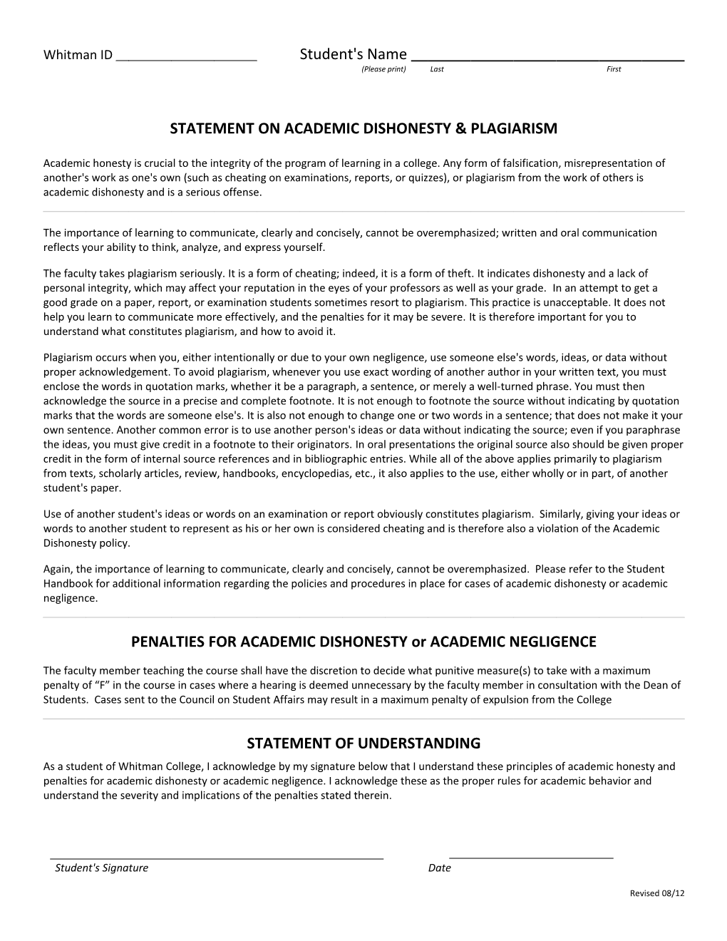 Statement on Academic Dishonesty & Plagiarism