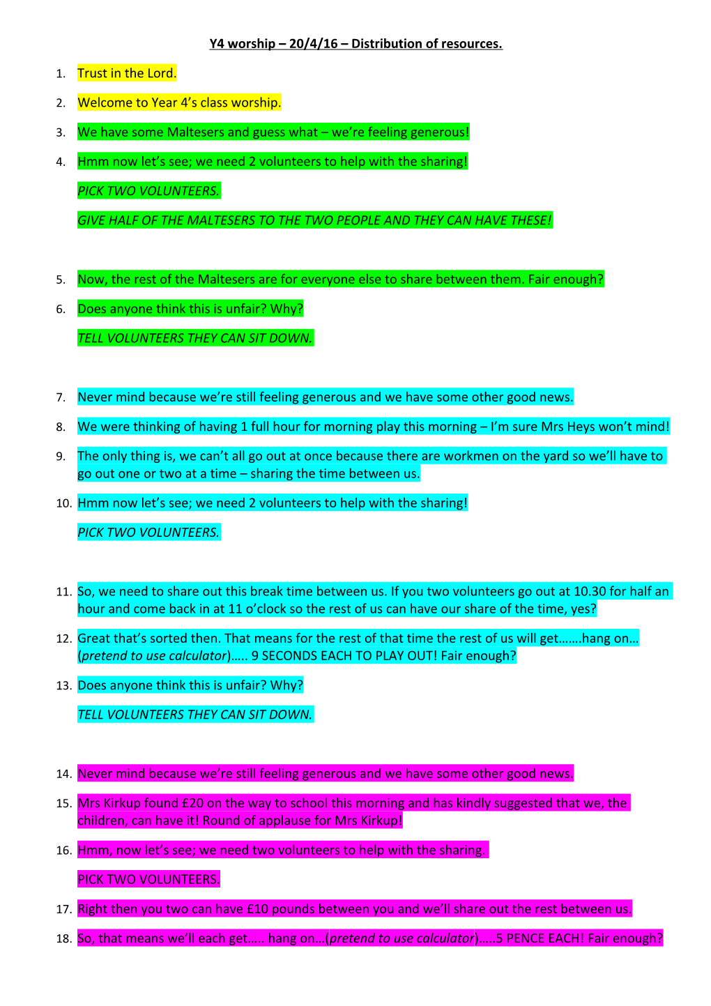 Y4 Worship 20/4/16 Distribution of Resources