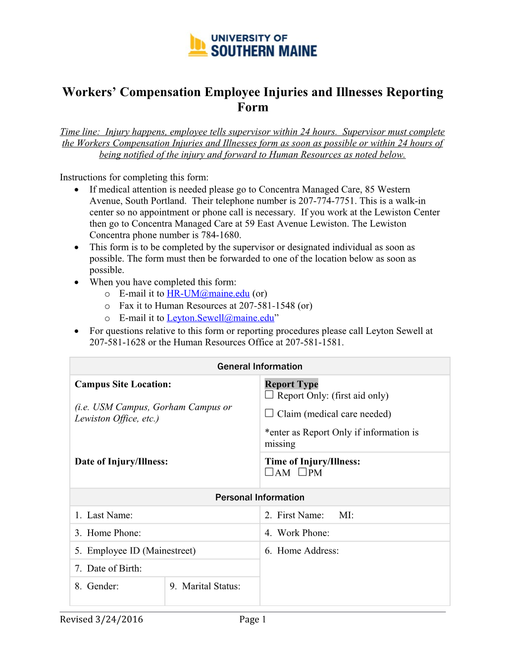 Workers Compensation Employee Injuries and Illnesses Reporting Form