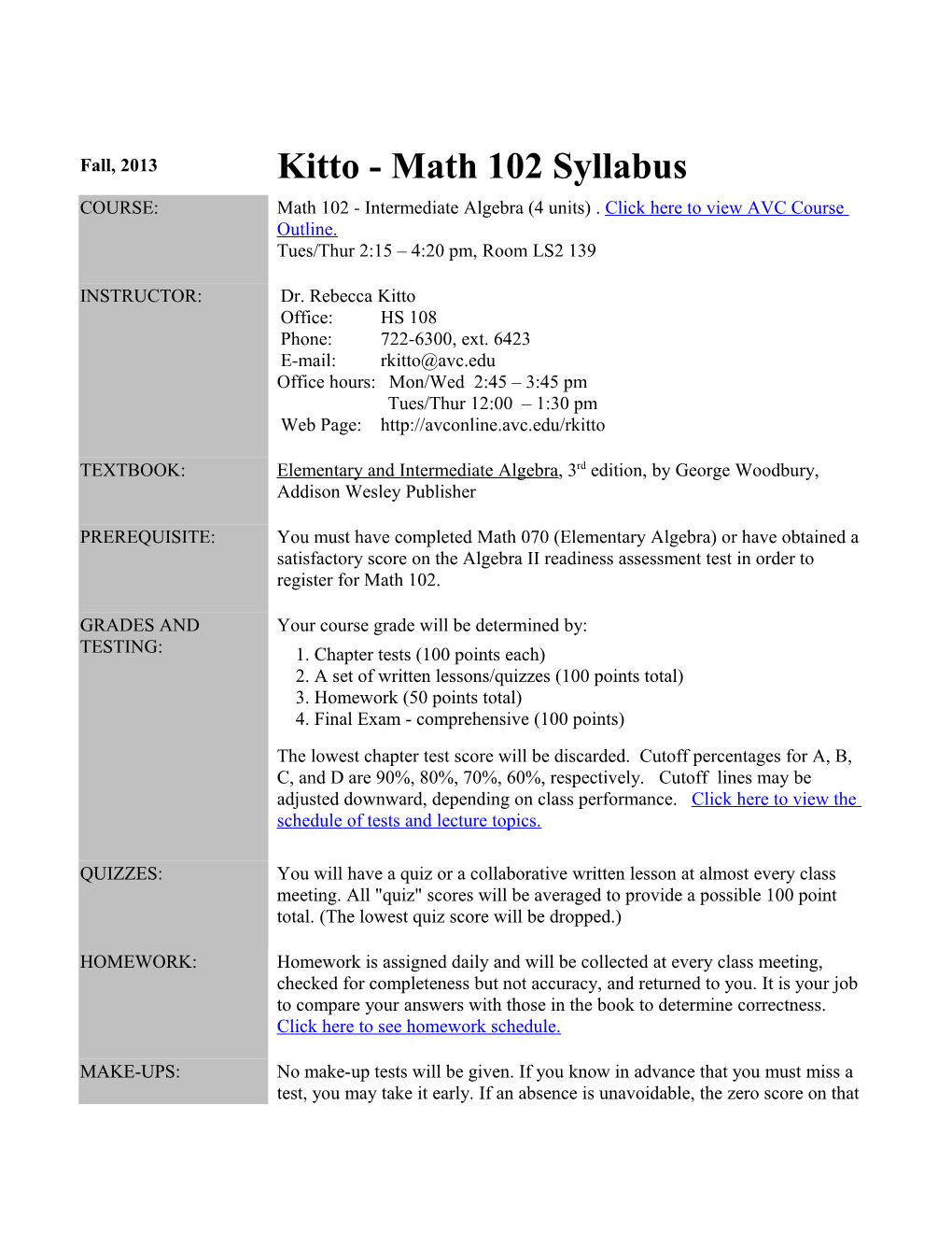 Kitto - Math 102 Syllabus