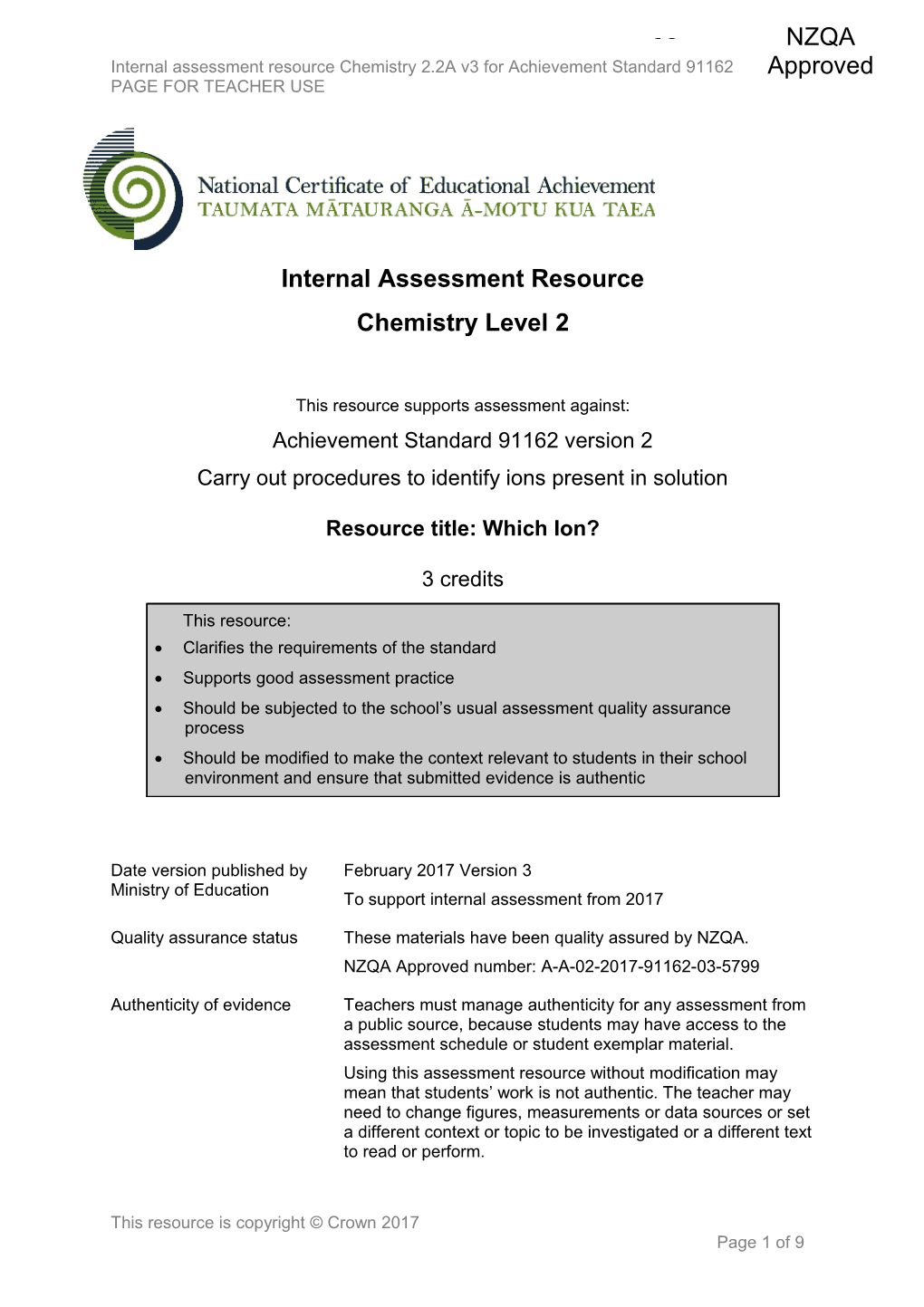 Level 2 Chemistry Internal Assessment Resource