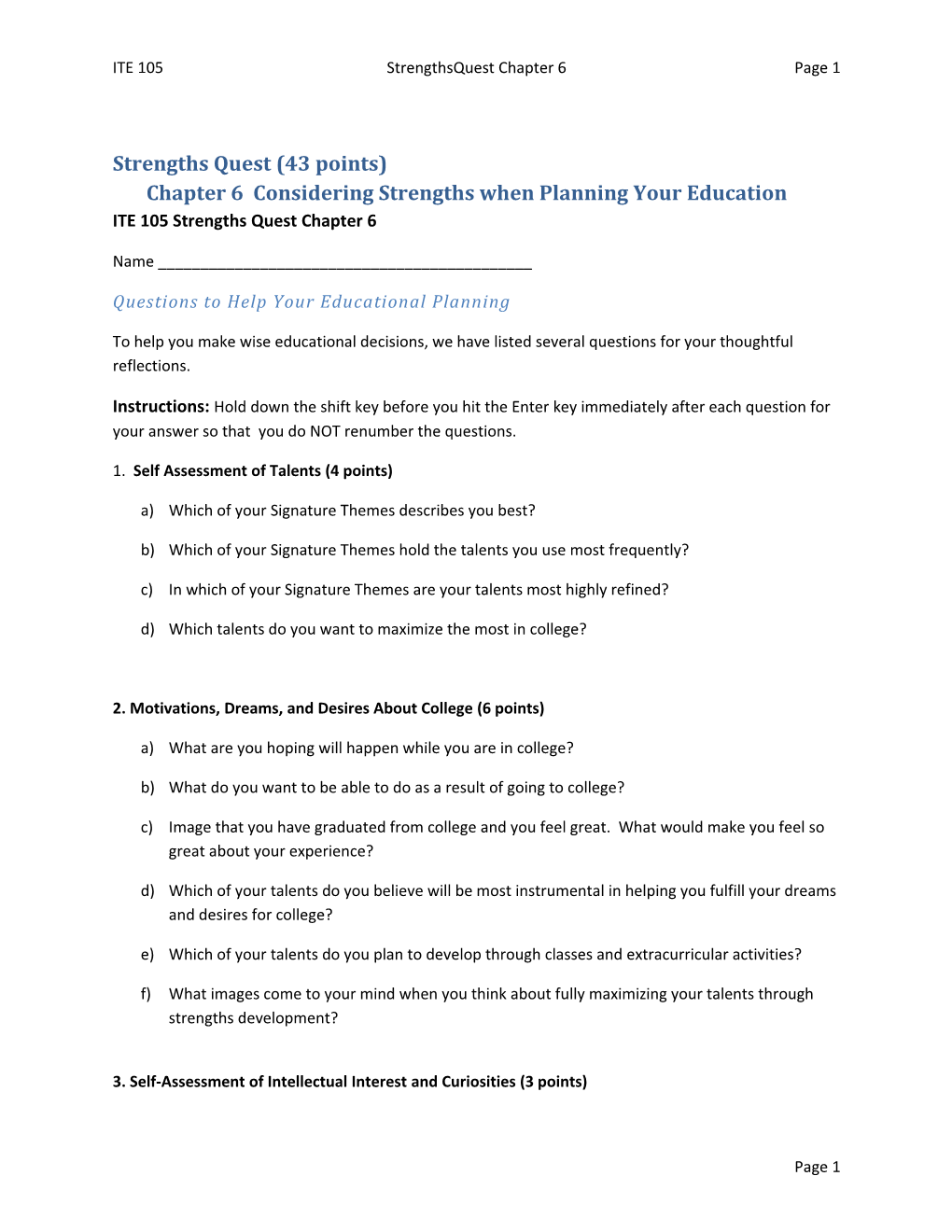 Strengths Quest (43 Points)Chapter 6 Considering Strengths When Planning Your Education