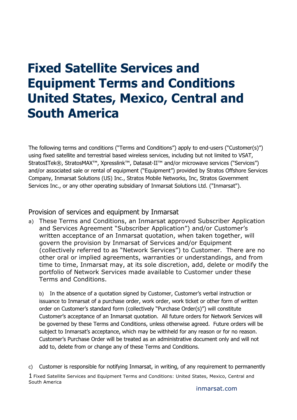 Fixed Satellite Services and Equipment Terms and Conditions