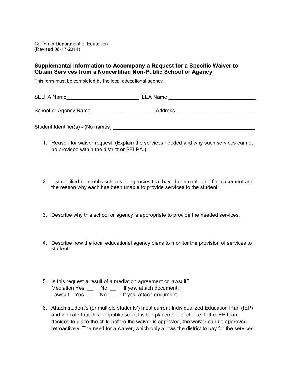 NPS Waiver Form - Waivers (CA Dept Of Education)