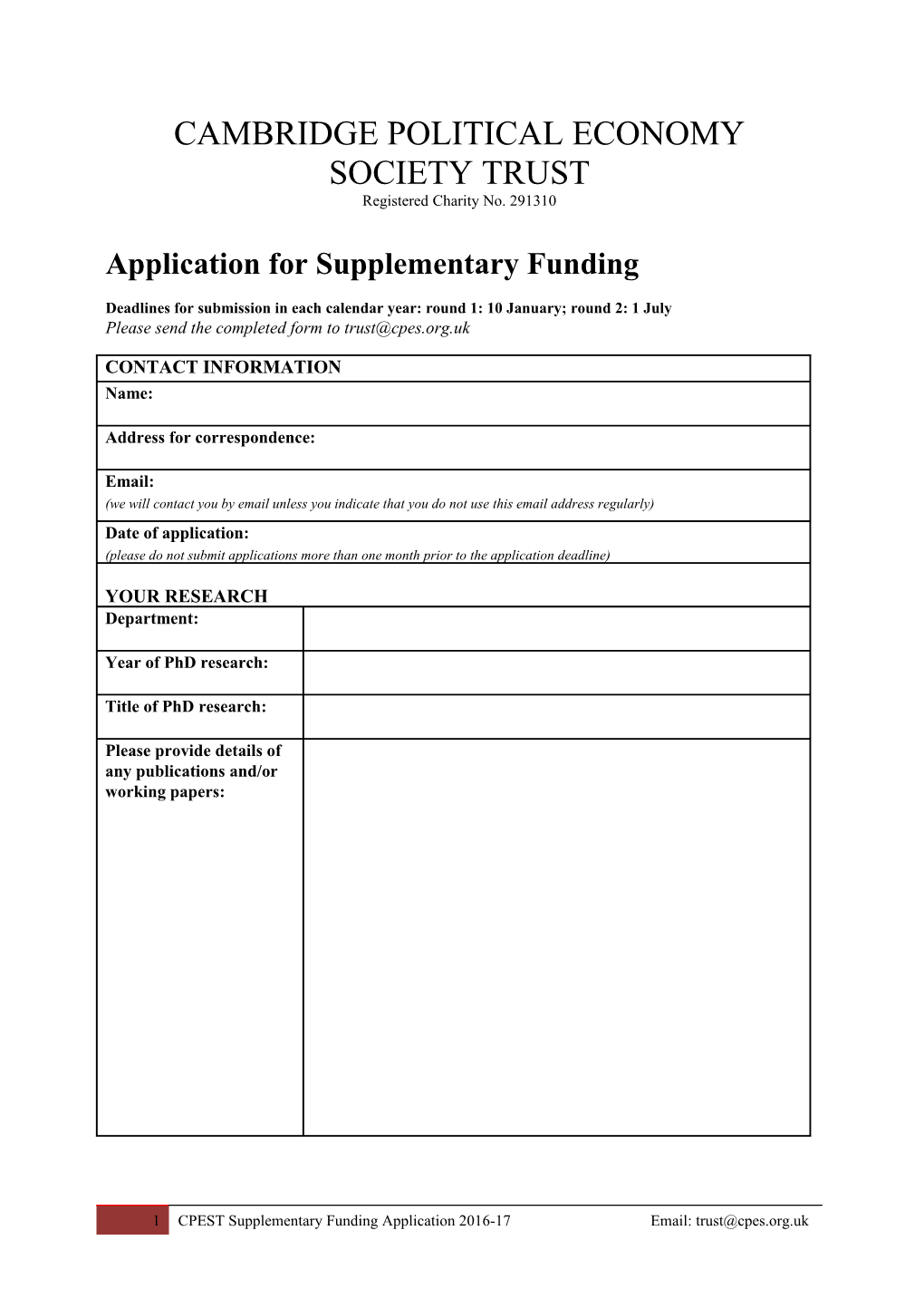 Application for Supplementary Funding