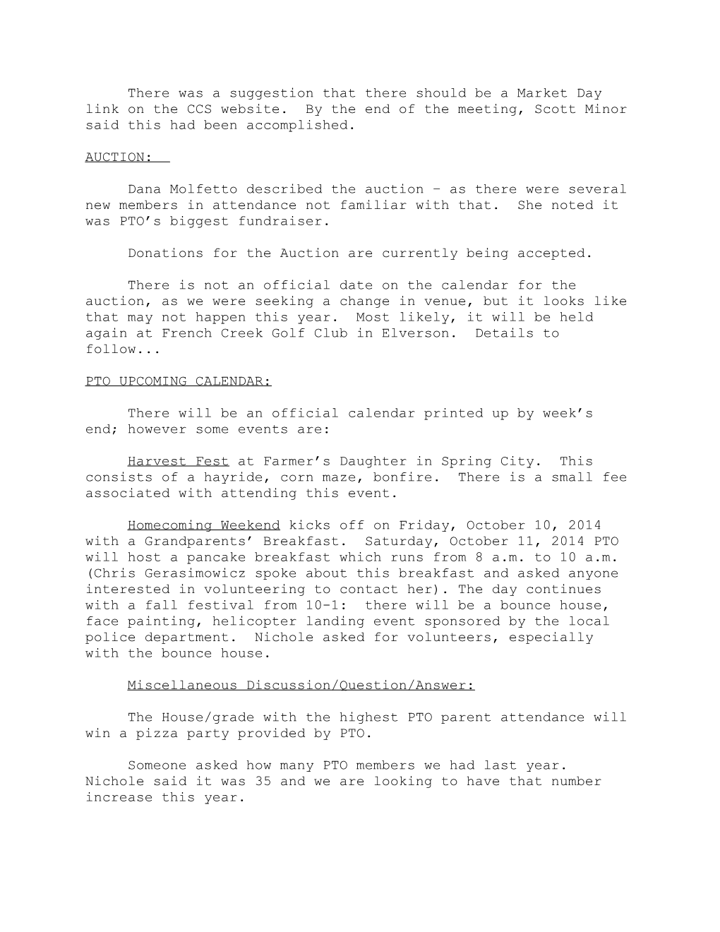 Minutes of Ccs Pto Meeting October 3, 2011