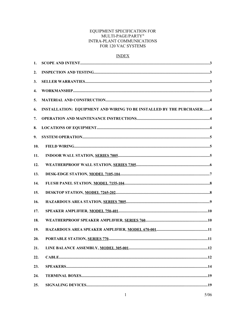 Equipment Specification For