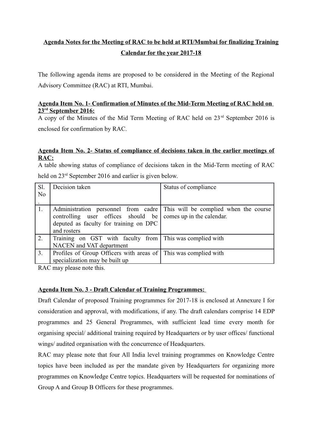 Agenda Notes for the Meeting of RAC to Be Held at RTI/Mumbai for Finalizing Training Calendar