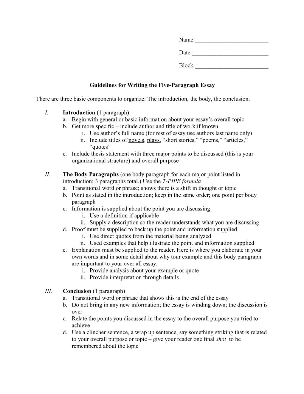 Guidelines for Writing the Five-Paragraph Essay