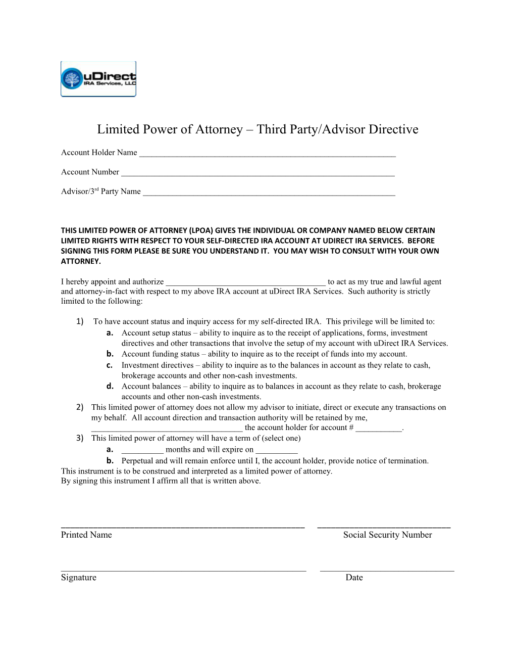 Limited Power of Attorney Third Party/Advisor Directive