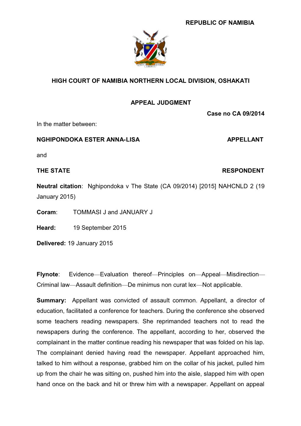 Nghipondoka V the State (CA 09-2014) 2015 NAHCNLD 2 (19 January 2015)