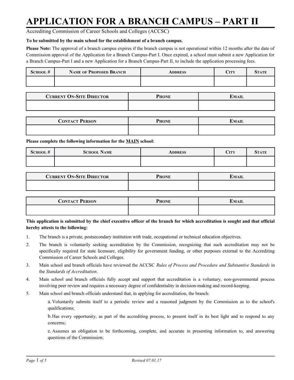 Application for a Branch Facility Part - Ii