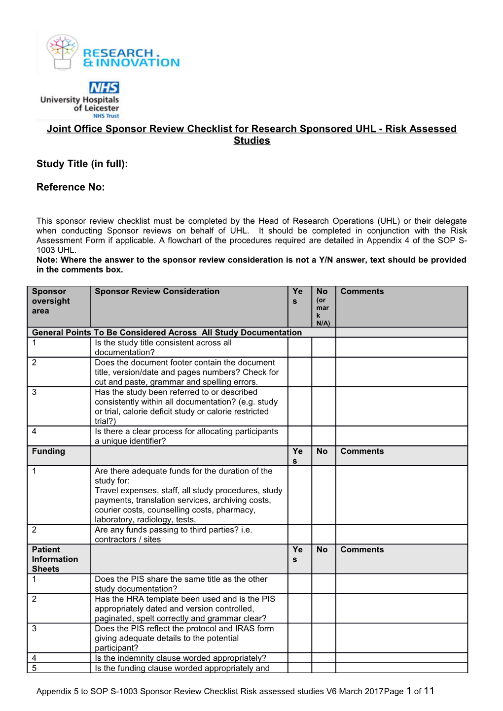 This Risk Assessment Form Must Be Completed by the R&D Manager (UHL) Or Research Governance