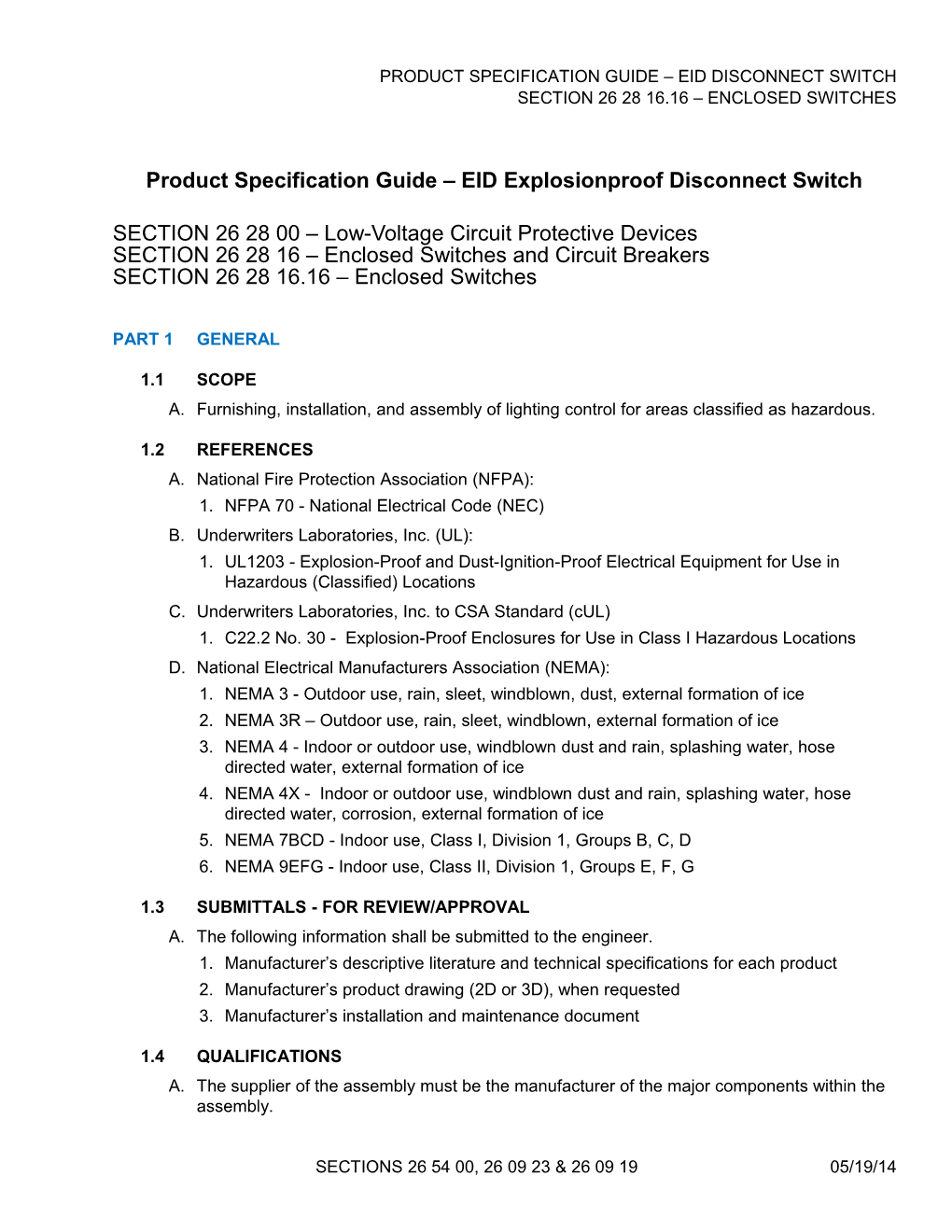 PRODUCT SPECIFICATION GUIDE EID Disconnect Switch