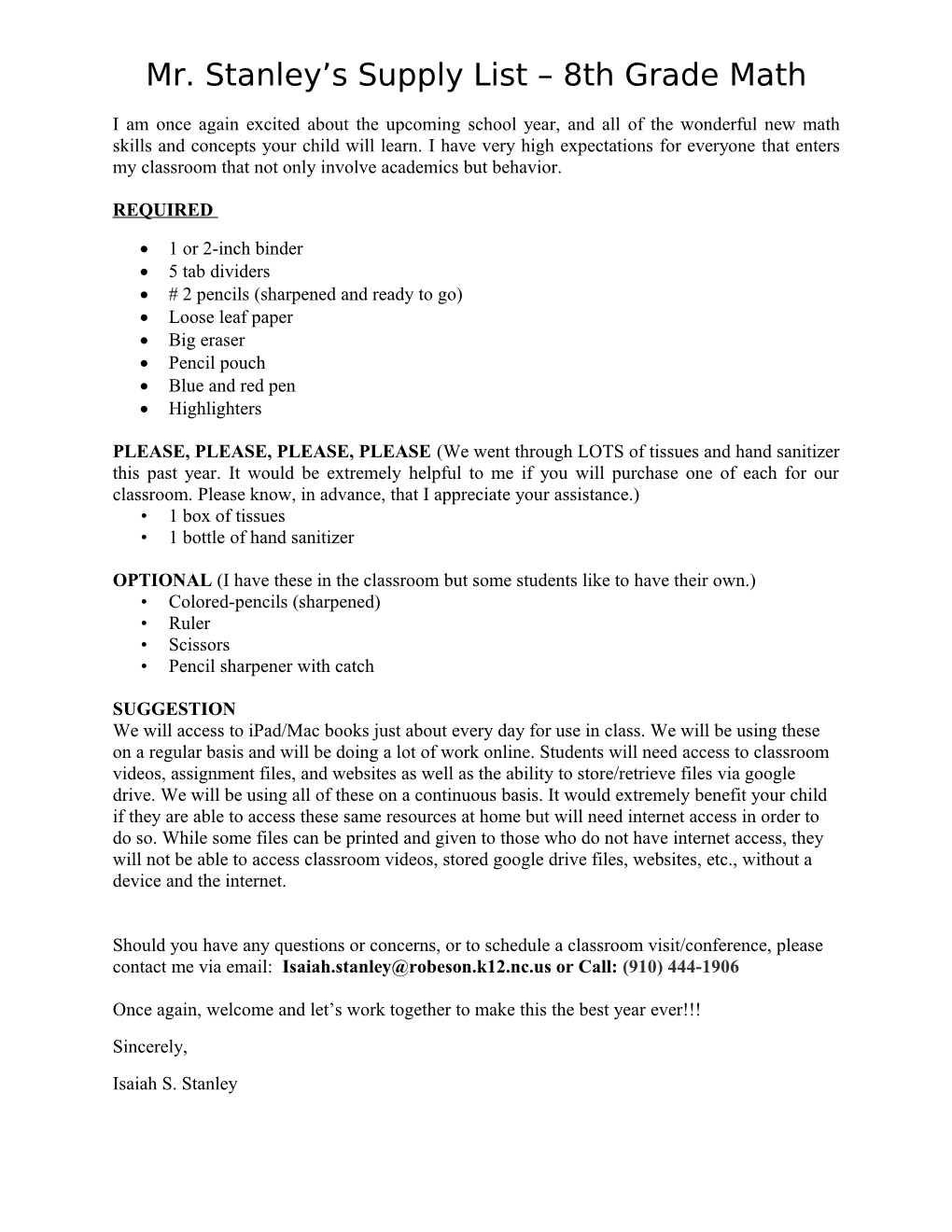 Mr. Stanley S Supply List 8Th Grade Math