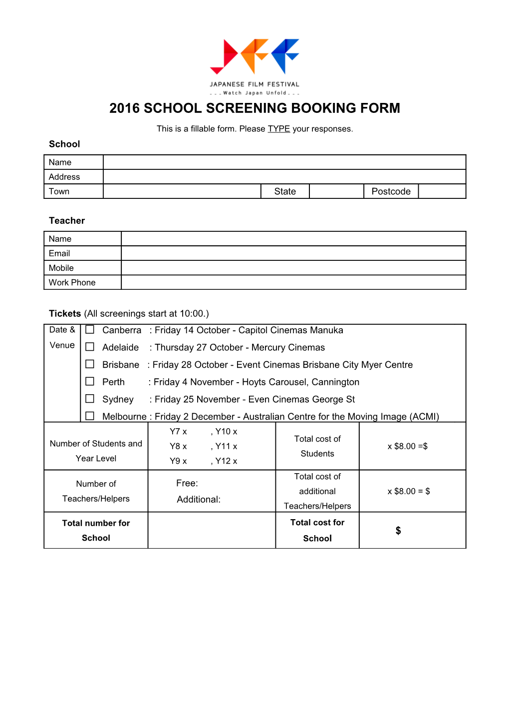 2016 School Screening Booking Form