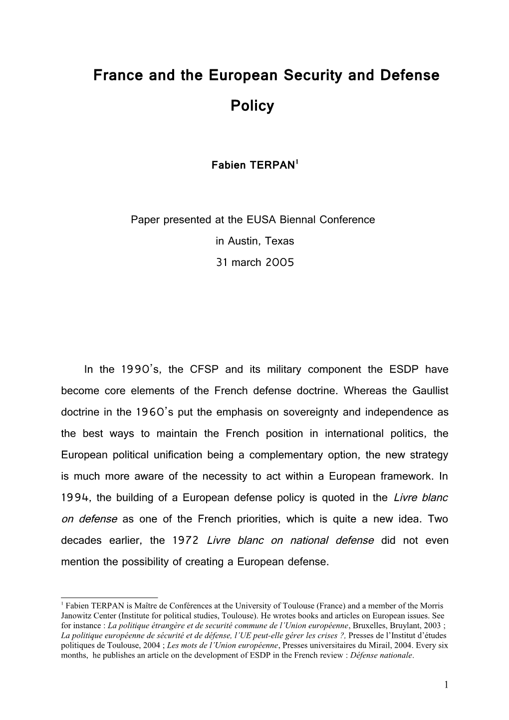 France and the European Security and Defense Policy