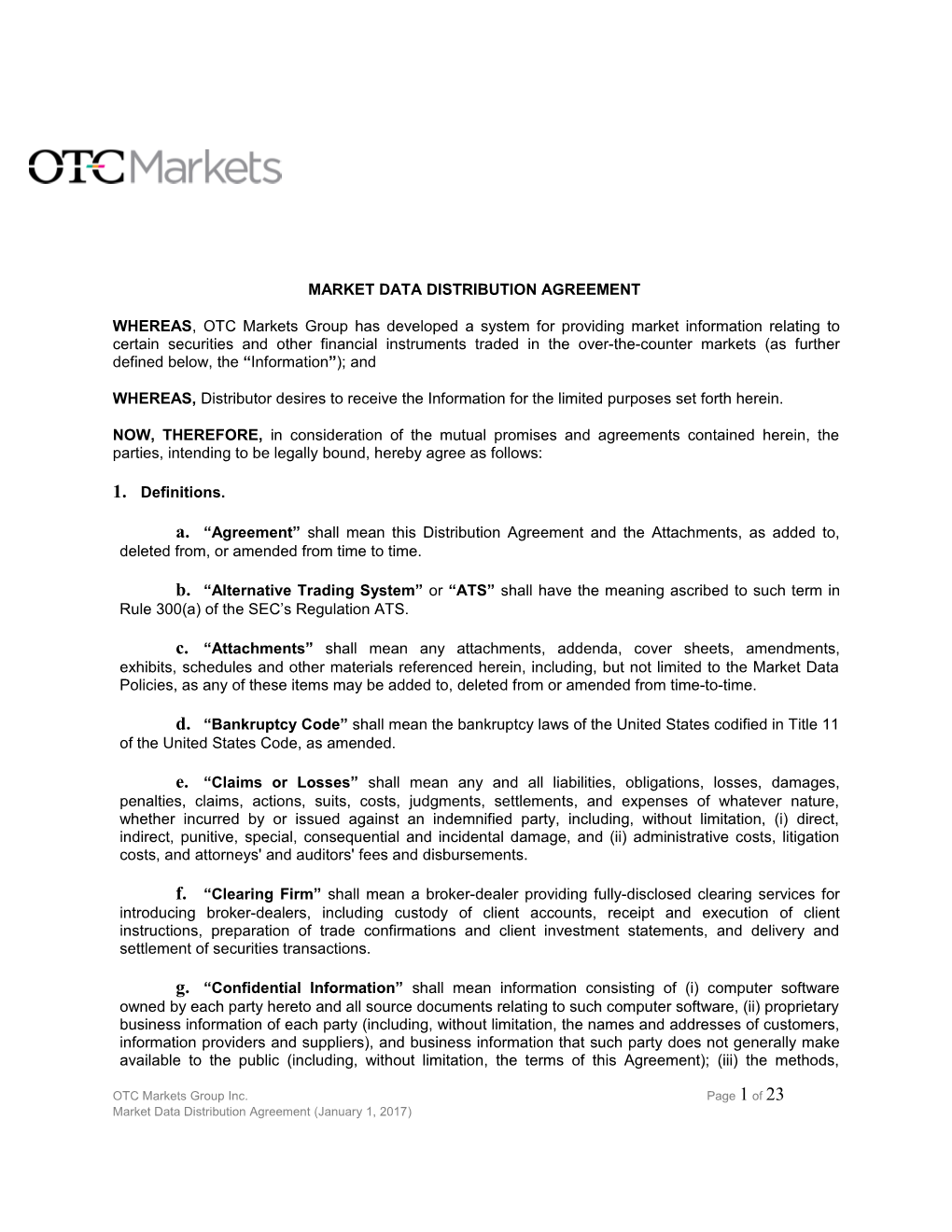 Market Data Distribution Agreement