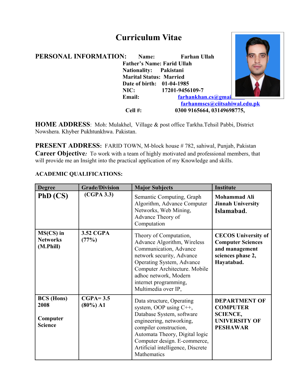 PERSONAL INFORMATION: Name: Farhan Ullah