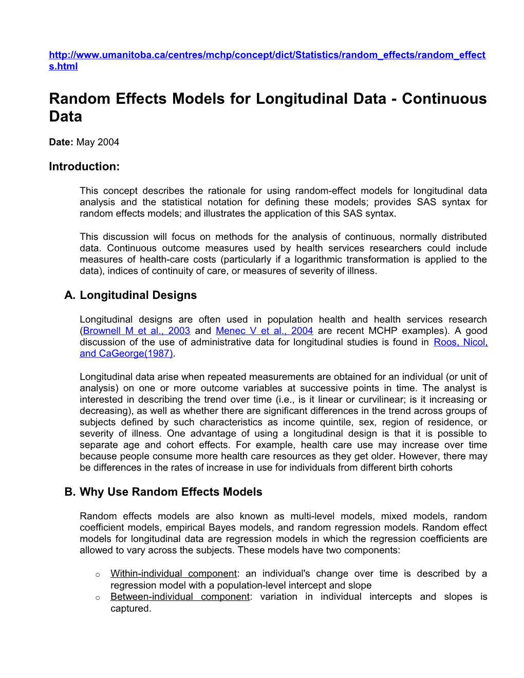 Random Effects Models for Longitudinal Data - Continuous Data