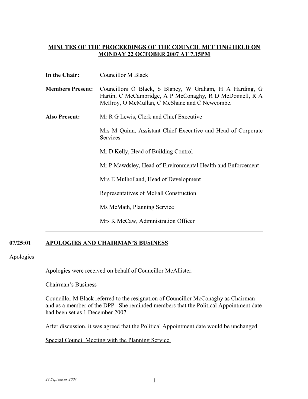 Minutes of the Proceedings of the Council Meeting Held on Monday 24 September 2007 at 7