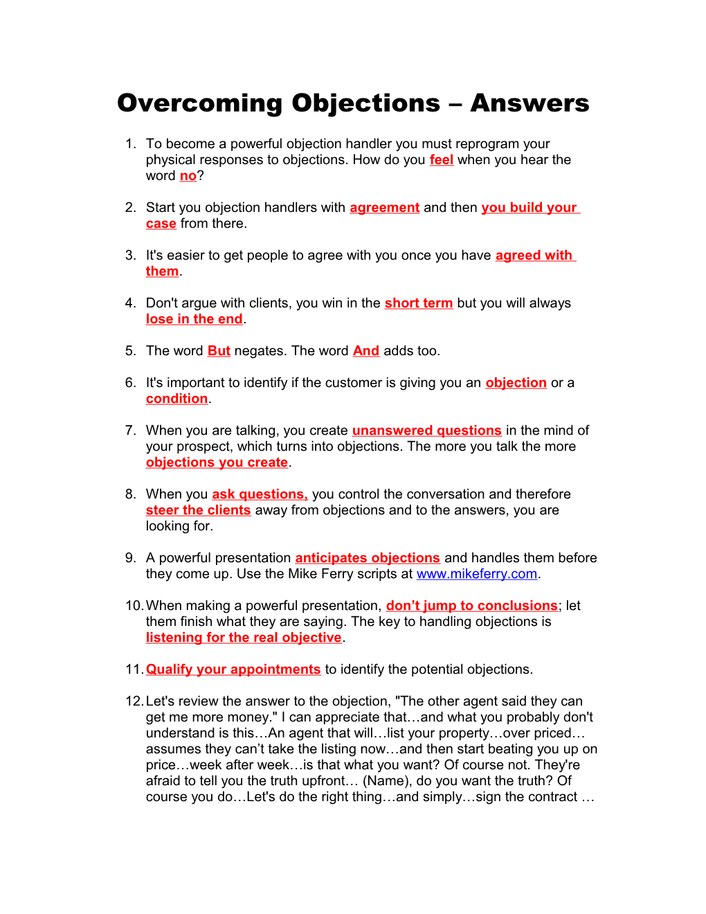 Overcoming Objections Answers