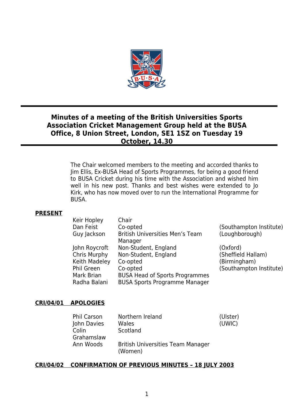Minutes of a Meeting of the British Universities Sports Association Cricket Management