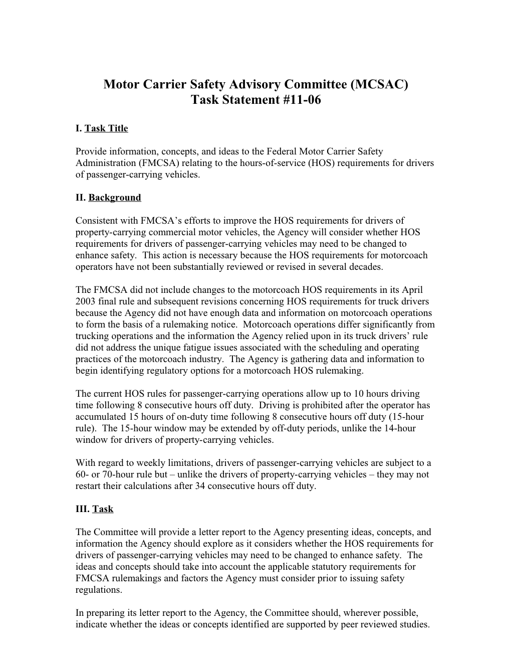 MCSAC Task: Revisiting FMCSA S Hours of Service Requirements for Drivers of Property-Carrying s1