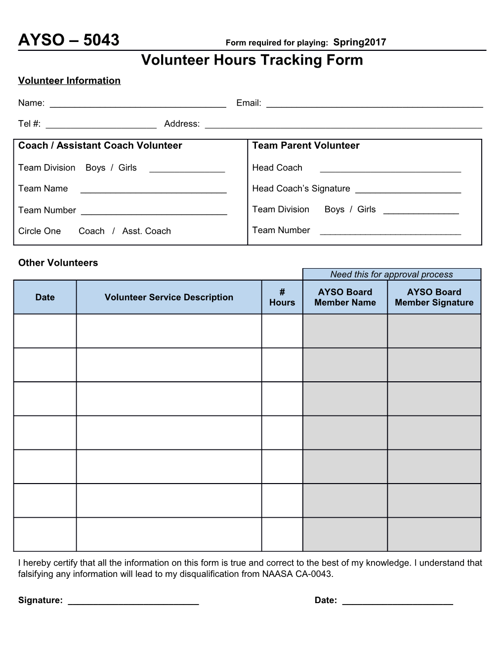 Volunteer Hours Tracking Form