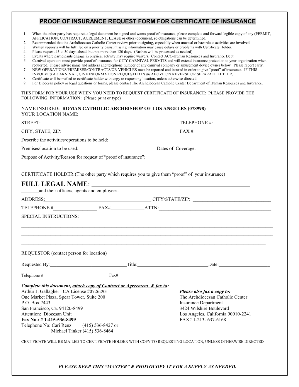 “Proof Of Insurance” Request Form For ”Certificate Of Insurance”
