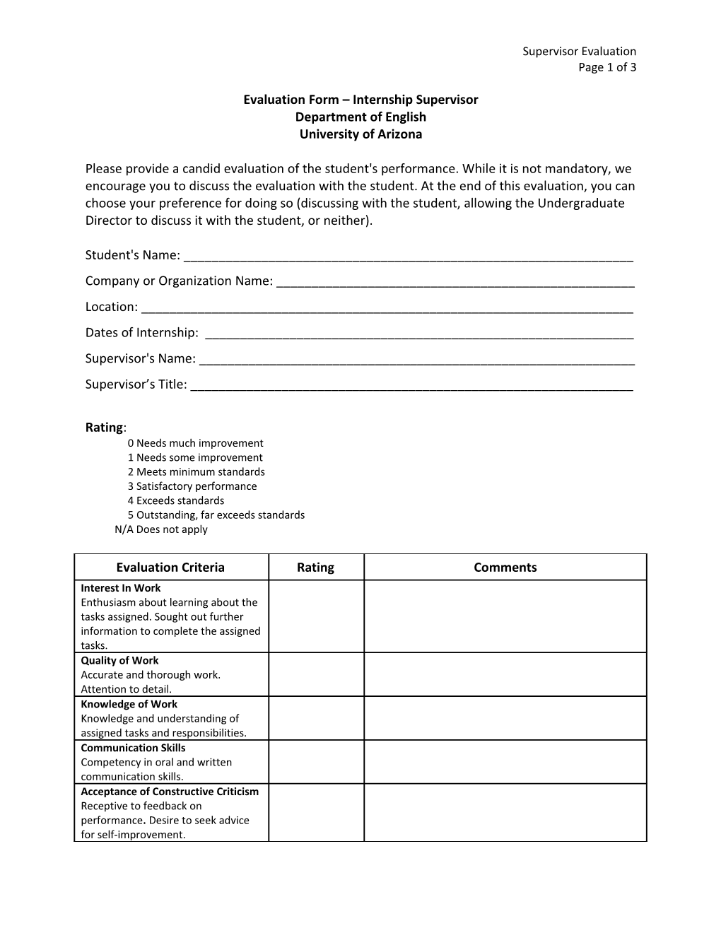 Evaluation Form Internship Supervisor