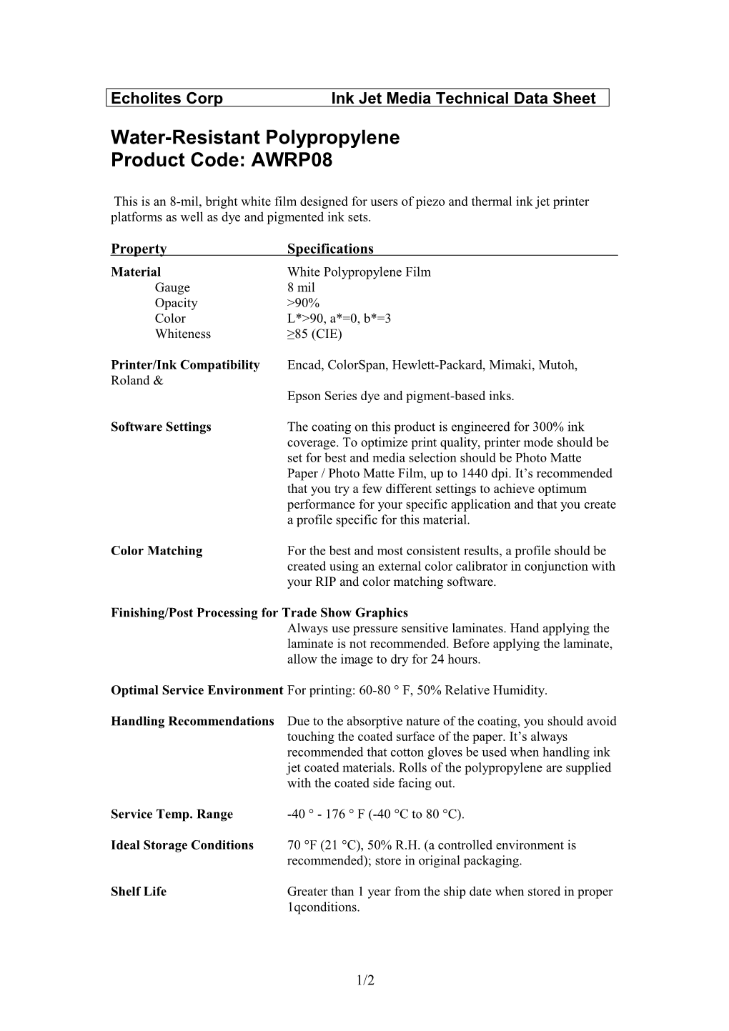 Ink Jet Media Technical Data Sheet