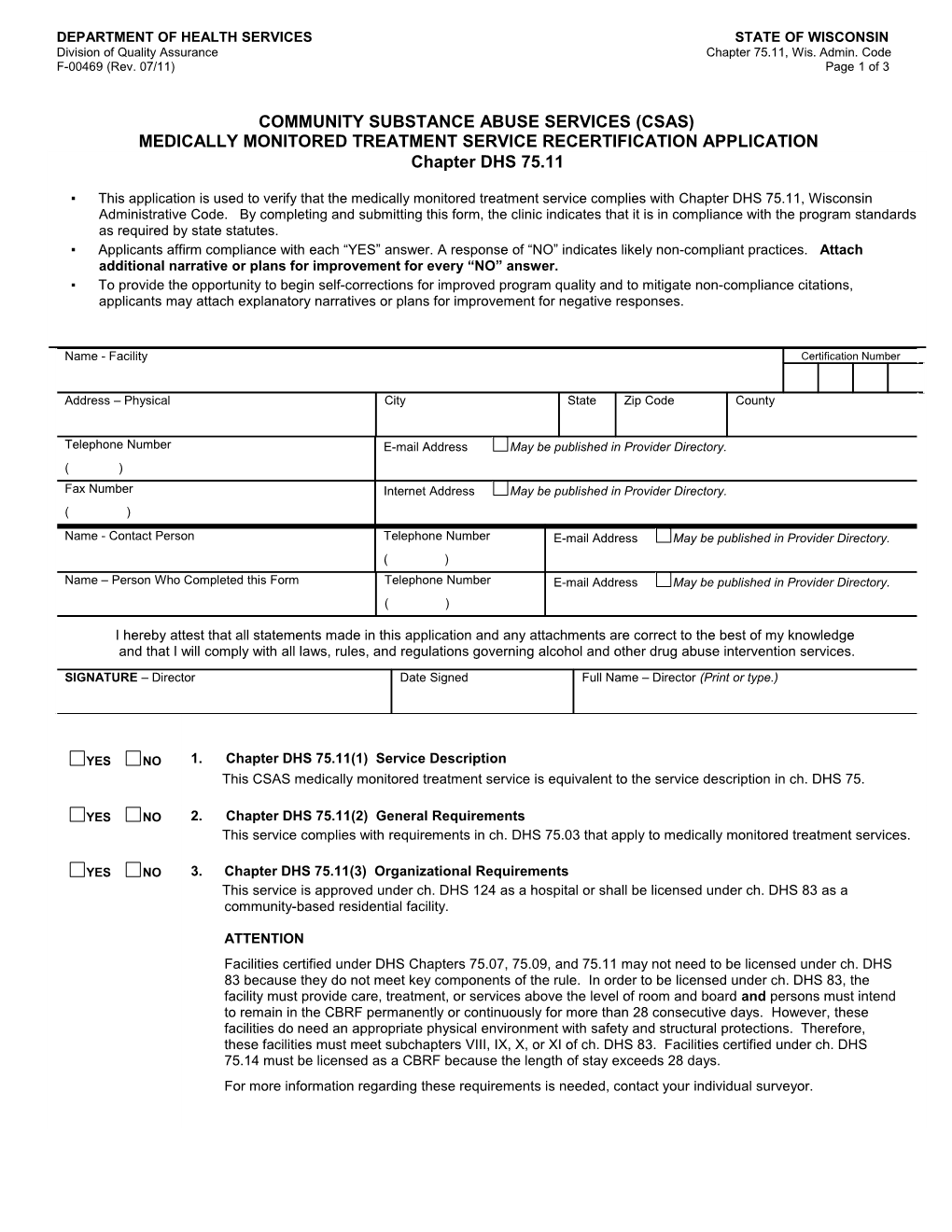 CSAS Medically Monitored Treatment Service Recertification Application - DHS 75.11, F-00469
