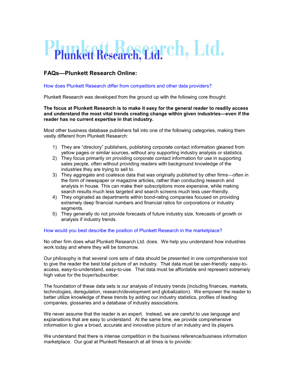 Plunkett Research Online Comparisons Plunkett Research Selling Points