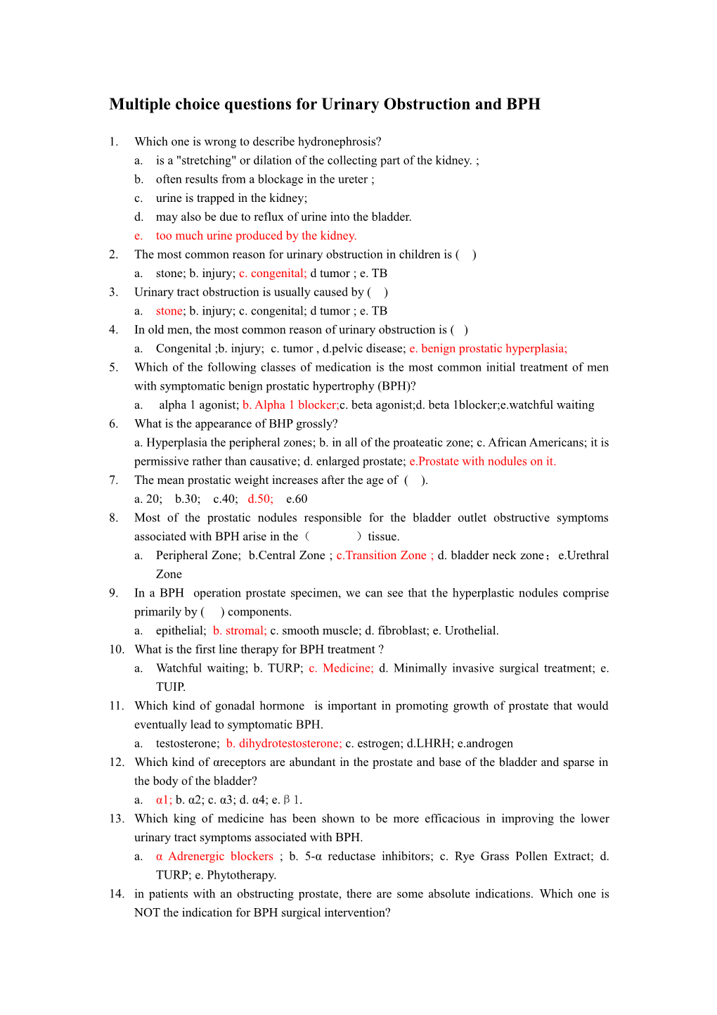 Multiple Choice Questions for Urinary Obstruction and BPH