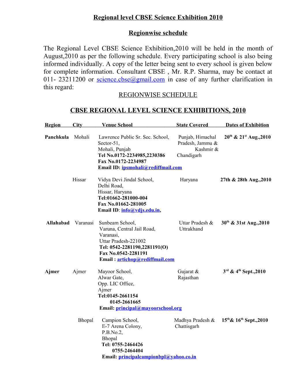 Regional Level CBSE Science Exhibition 2010