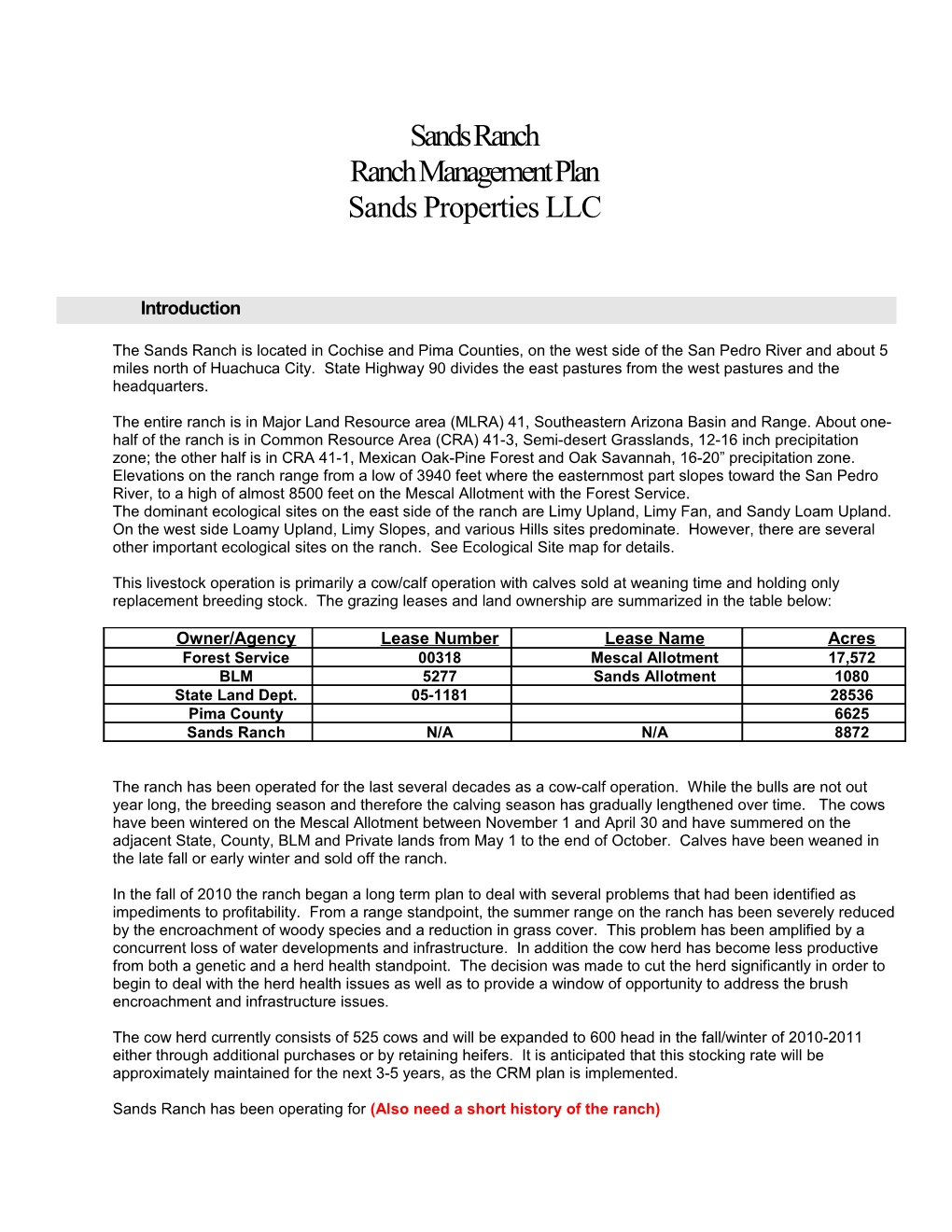 Ranch Management Plan