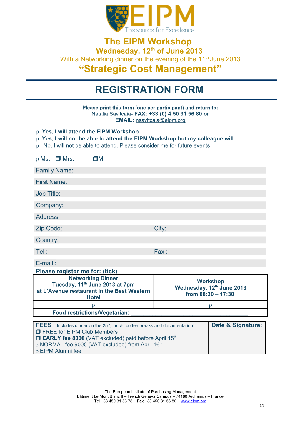 Please Print This Form (One Per Participant) and Return To