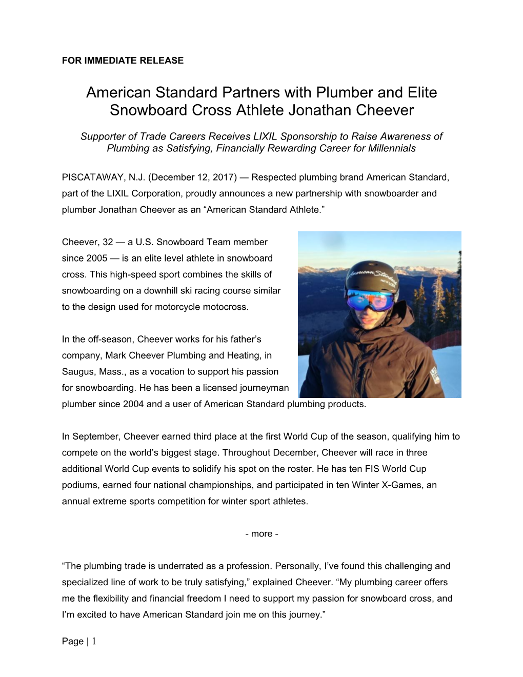 American Standard Partners with Plumber and Elite Snowboard Cross Athlete Jonathan Cheever
