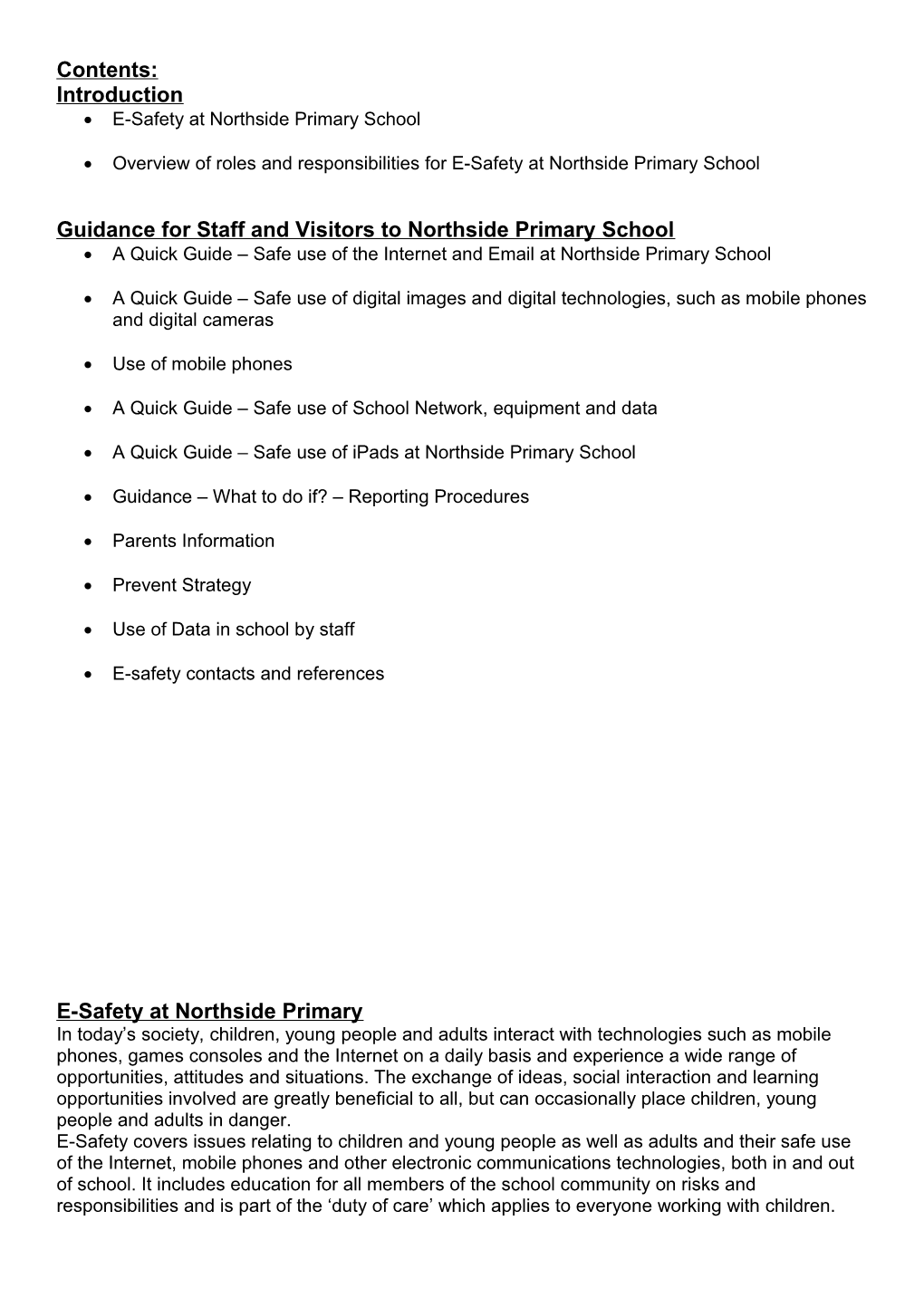Guidance for Staff and Visitors to Northside Primary School