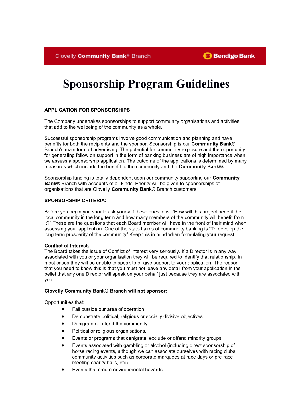 Sponsorship Program Guidelines