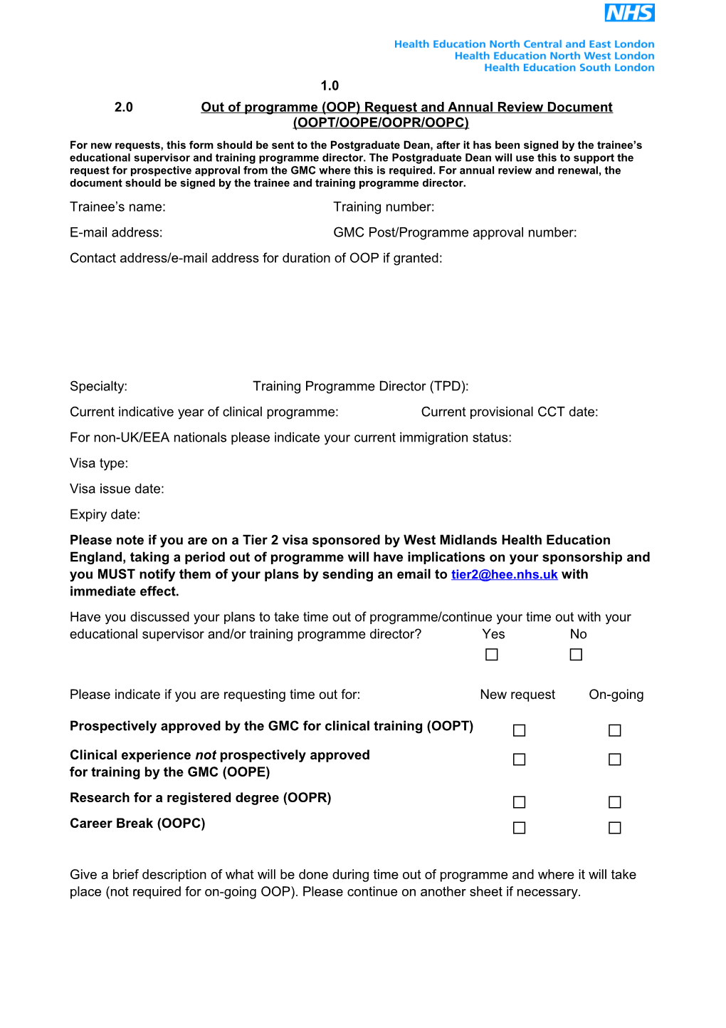 Out of Programme (OOP) Request and Annual Review Document (OOPT/OOPE/OOPR/OOPC)