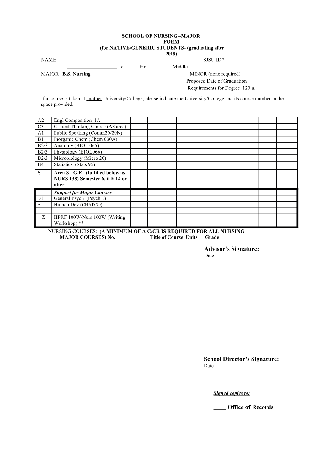 School of Nursing Major Form