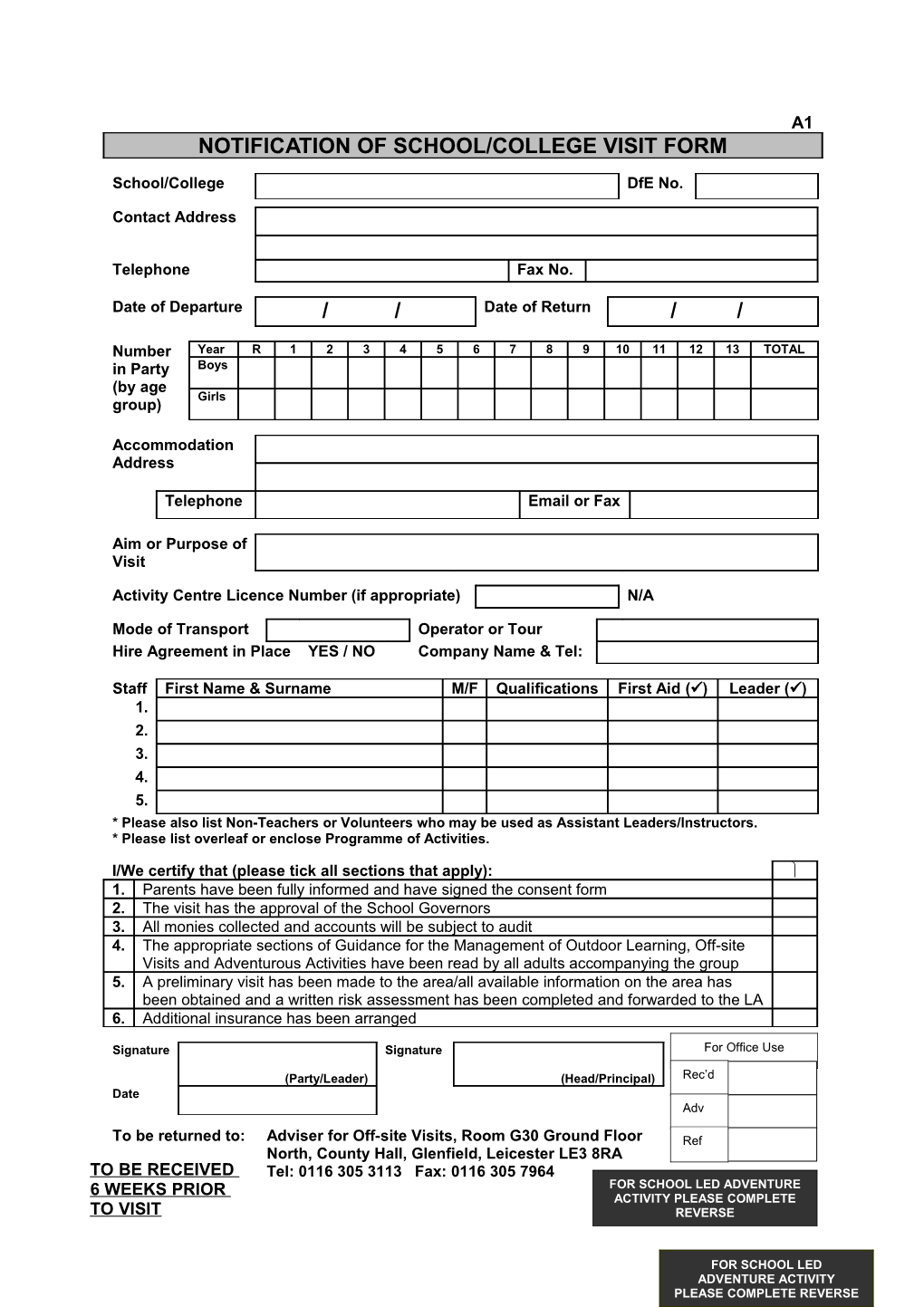 A1 Form - OEE Notification of School/College Visit Form