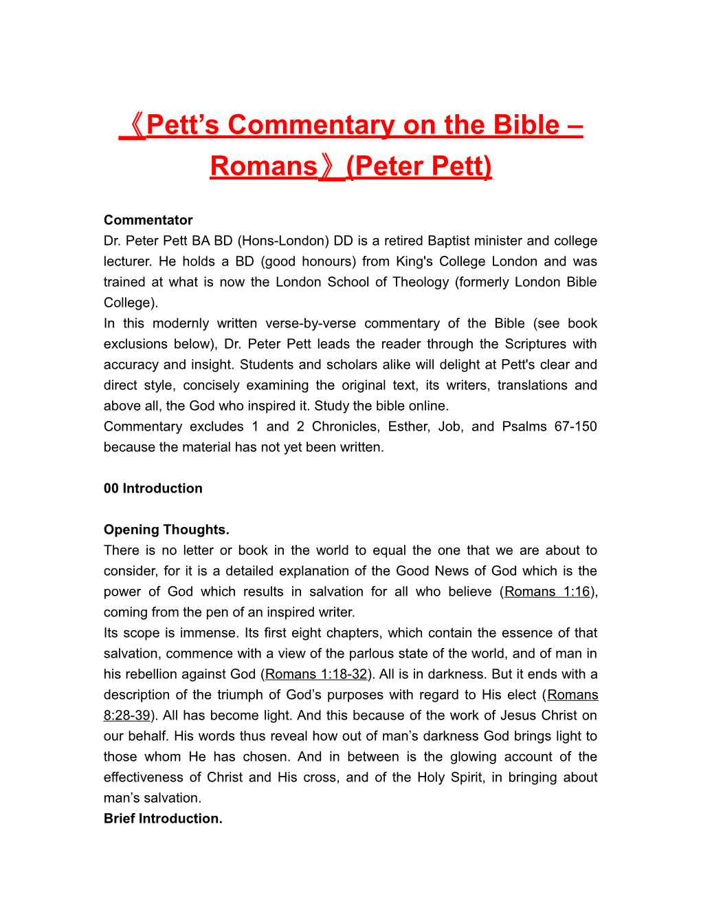 Pett S Commentary on the Bible Romans (Peter Pett)