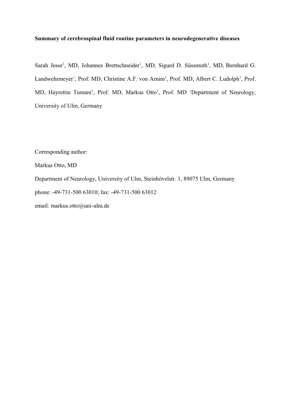 Summary of Cerebrospinal Fluid Routine Parameters in Neurodegenerative Diseases