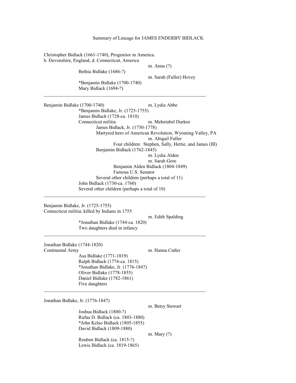 Summary of Lineage of JAMES ENDERBY BIDLACK