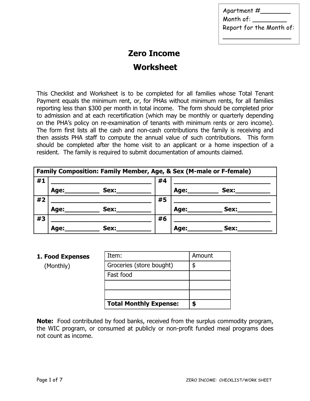 Zero Income Checklist and Worksheet: Verification of Non-Case Contributions