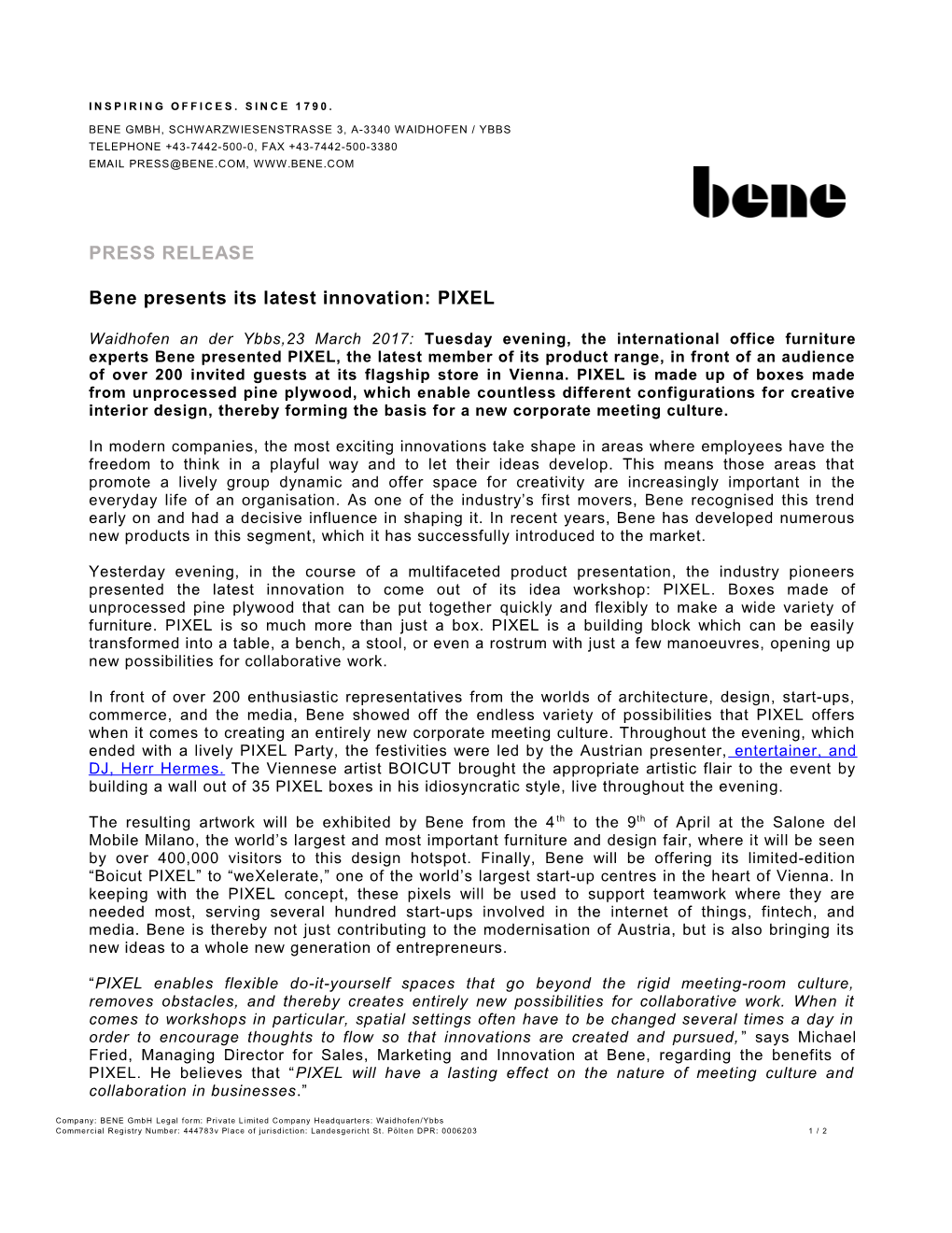 Bene Presents Its Latest Innovation: PIXEL