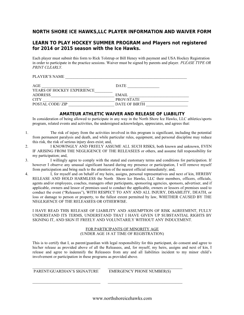 Player Information and Waiver Form